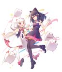  2girls :d animal_ears ankle_bow anklet artist_name bare_arms bcy black_bow black_footwear black_hair black_shirt black_thighhighs black_vest bow cat_ears cat_hair_ornament closed_mouth collared_dress collared_shirt confetti dated dress full_body gloves hair_bow hair_ornament hand_up holding_hands huhu interlocked_fingers jewelry layered_dress leg_up looking_at_viewer low_twintails medium_hair miao_jiujiu miniskirt multiple_girls neck_ribbon open_clothes open_vest pink_bow pink_footwear pink_ribbon pink_skirt pleated_skirt ponytail red_eyes ribbon ruan_miemie ruru_(lulubuu) shirt skirt sleeveless sleeveless_shirt smile teeth thigh-highs twintails upper_teeth_only vest white_background white_dress white_gloves white_hair white_thighhighs zettai_ryouiki 