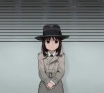  1girl averting_eyes azumanga_daioh belt belt_buckle black_headwear black_necktie brown_belt brown_coat brown_eyes brown_hair buckle buttons closed_mouth coat commentary cosplay cowboy_shot double-breasted english_commentary expressionless fedora french_commentary hat height_mark jef_costello_(le_samourai) jef_costello_(le_samourai)_(cosplay) kasuga_ayumu le_samourai light_frown medium_hair mixed-language_commentary monky_sm movie_reference necktie own_hands_together shirt solo standing trench_coat v_arms white_shirt 