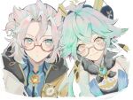  :o albedo_(genshin_impact) animal_ears bespectacled blue_eyes blush coat genshin_impact glasses gloves green_hair grey_hair hair_between_eyes hat highres hood hood_down hooded_coat k90108119 long_hair looking_at_viewer orange_eyes parted_lips scar scar_on_neck simple_background sucrose_(genshin_impact) upper_body vision_(genshin_impact) white_background white_gloves 