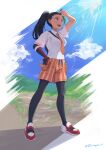  1girl :d absurdres arm_up black_pantyhose clouds collared_shirt day eyelashes fingerless_gloves full_body gloves green_hair highres long_hair looking_up multicolored_hair necktie nemona_(pokemon) open_mouth orange_necktie orange_shorts outdoors pantyhose pokemon pokemon_(game) pokemon_sv ponytail s-masa_7131 school_uniform shirt shoes short_sleeves shorts single_glove sky smile solo standing teeth tongue two-tone_hair upper_teeth_only white_shirt 