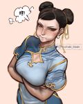  1girl ayaki_d breasts brown_hair capcom chun-li crossed_arms earrings highres jewelry looking_at_viewer pout simple_background solo street_fighter 