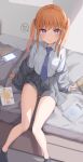 1girl ankle_socks arm_support black_socks blue_necktie breasts brown_hair cellphone charger closed_mouth collared_shirt commentary_request feet_out_of_frame grey_jacket grey_skirt heart jacket knees_together_feet_apart kopaka_(karda_nui) long_hair long_sleeves looking_at_viewer medium_breasts necktie no_shoes off_shoulder on_bed open_clothes open_jacket original phone pleated_skirt shirt sitting skirt sleeves_past_wrists smile socks solo spoken_heart twintails violet_eyes white_shirt 