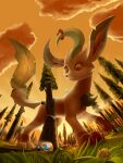  car clouds dynamax forest giant grass highres jeep joltik leafeon motor_vehicle nature no_humans orange_sky outdoors pokemon pokemon_(creature) sky tree tsitra360 