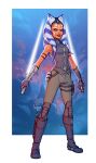  1girl ahsoka_tano alien artist_name belt blue_eyes boots brown_pants clouds dual_wielding energy_sword full_body highres holding holding_lightsaber knee_pads lightsaber looking_at_viewer lorna-ka pants reverse_grip sleeveless standing star_wars sword vambraces watermark weapon white_lightsaber 