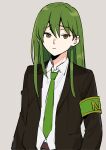  1boy armband black_jacket brown_eyes closed_mouth collared_shirt commentary_request eyebrow_cut green_armband green_hair green_necktie grey_background jacket lobotomy_corporation long_hair long_sleeves looking_at_viewer male_focus medu_(rubish) necktie netzach_(project_moon) open_clothes open_jacket project_moon shirt simple_background solo upper_body white_shirt 