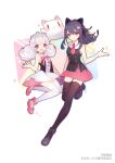  2girls :d animal_ears anklet bare_arms bare_shoulders bcy black_footwear black_hair black_shirt black_thighhighs cat_ears cat_hair_ornament closed_mouth dress fake_animal_ears fangs gloves hair_ornament hand_up highres huhu jewelry jumping leg_up legs_up long_hair looking_at_viewer low_twintails miao_jiujiu miniskirt multiple_girls neck_ribbon necktie official_art pink_footwear pink_necktie pink_ribbon pink_skirt pleated_skirt red_eyes ribbon ruan_miemie shirt skirt sleeveless sleeveless_dress sleeveless_shirt smile thigh-highs transparent_background twintails white_dress white_gloves white_hair white_thighhighs zettai_ryouiki 