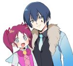  1boy 1girl :d black_vest blue_eyes blue_hair blue_jacket blue_necktie closed_mouth collared_shirt commentary_request employee_(lobotomy_corporation) fur-trimmed_jacket fur_trim grey_eyes grey_shirt hair_between_eyes hair_ribbon height_difference jacket lobotomy_corporation long_sleeves medu_(rubish) neck_ribbon necktie open_clothes open_jacket open_mouth pink_hair pink_ribbon pink_shirt project_moon ribbon shirt short_hair short_twintails simple_background smile twintails vest white_background 