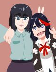  alternate_art_style black_hair h0saki jacket kill_la_kill kiryuuin_satsuki letterman_jacket matoi_ryuuko multicolored_hair official_alternate_costume redhead selfie short_hair siblings simple_background sisters spoilers streaked_hair thick_eyebrows two-tone_hair 