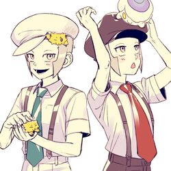  aged_down black_headwear blue_necktie brothers collared_shirt emmet_(pokemon) grey_eyes grey_hair hat ingo_(pokemon) joltik laming_you litwick long_sideburns male_focus necktie open_mouth pokemon pokemon_(creature) pokemon_(game) pokemon_bw red_necktie shirt short_hair short_sleeves siblings sideburns smile suspenders twins white_headwear 