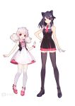  2girls :d animal_ears ankle_bow anklet bare_arms bare_shoulders bcy black_bow black_footwear black_hair black_shirt black_thighhighs black_vest bow bracelet cat_ears cat_hair_ornament closed_mouth collared_dress collared_shirt copyright_name dress dress_bow full_body gloves hair_bow hair_ornament hand_on_own_hip hand_up highres jewelry knees_together_feet_apart layered_dress legs_apart logo looking_at_viewer low_twintails medium_hair miao_jiujiu miniskirt multiple_girls neck_ribbon necktie official_art open_clothes open_vest pigeon-toed pink_bow pink_footwear pink_necktie pink_ribbon pink_skirt pleated_skirt ponytail red_eyes ribbon ruan_miemie shirt skirt sleeveless sleeveless_dress sleeveless_shirt smile standing tachi-e thigh-highs transparent_background twintails vest white_dress white_gloves white_hair white_thighhighs zettai_ryouiki 