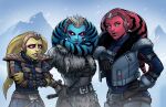  3girls alien belt blue_eyes blue_skin colored_skin facing_viewer gloves hand_on_own_hip hannelart highres jacket looking_at_viewer multiple_girls outdoors red_skin snowing star_wars teeth trembling twi&#039;lek upper_body yellow_skin 