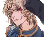  1boy 1other androgynous blonde_hair blood blood_from_eyes crystal_earrings earrings hunter_x_hunter jewelry kurapika long_sleeves looking_at_viewer male_focus pov red_eyes short_hair signature simple_background tabard wago white_background 