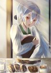  1girl apron blush commentary_request cup fate/grand_order fate_(series) fish food hair_between_eyes holding holding_plate inugami86 japanese_clothes kappougi long_hair looking_at_viewer open_mouth plate ponytail red_eyes solo sweatdrop table tomoe_gozen_(fate) very_long_hair water white_hair 