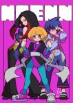  3girls absurdres anabel_(pokemon) black_hair black_pants blonde_hair blue_bodysuit blue_eyes bodysuit crop_top elbow_gloves full_body gloves greta_(pokemon) highres ida_(idalol490) long_hair long_sleeves looking_at_viewer lucy_(pokemon) multicolored_hair multiple_girls one_eye_closed pants pokemon pokemon_(game) pokemon_emerald pokemon_rse purple_background purple_gloves purple_hair purple_pants red_eyes redhead sash shoes short_hair smile sneakers twitter_username two-tone_hair violet_eyes white_sash 