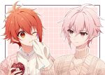  2boys brothers cable_knit cardigan food food_on_face gomagoma highres idolish7 kujou_tenn long_sleeves looking_at_another male_focus multiple_boys nanase_riku one_eye_closed open_cardigan open_clothes pink_cardigan pink_eyes pink_hair red_eyes redhead shirt siblings sweater twins white_shirt yellow_sweater 
