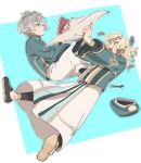  2boys :d aged_down akademiya_uniform alhaitham_(genshin_impact) aqua_background arms_up artist_name black_footwear blonde_hair blush book commentary_request earrings eyelashes feather_hair_ornament feathers floating_hair genshin_impact gold_trim green_eyes green_headwear green_jacket grey_hair hair_ornament hat hat_removed headwear_removed highres holding holding_book holding_paper jacket jewelry kaveh_(genshin_impact) long_hair long_sleeves male_focus multiple_boys open_book open_mouth paper parted_bangs parted_lips profile reading red_eyes robe shoes short_hair sidelocks smile swept_bangs teeth twitter_username upper_teeth_only white_background white_robe wide_sleeves yzwn89 