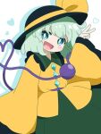  1girl :d aqua_eyes black_headwear blouse blush_stickers bow bright_pupils buttons cowboy_shot diamond_button eyeball frilled_shirt_collar frilled_sleeves frills green_skirt hand_up hat hat_bow hat_ribbon heart heart_of_string komeiji_koishi light_green_hair long_sleeves looking_at_viewer medium_hair open_mouth ribbon rizleting shirt skirt smile solo third_eye touhou v wavy_hair white_background wide_sleeves yellow_bow yellow_ribbon yellow_shirt 