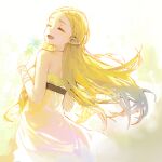  1girl :d ^_^ arm_strap blonde_hair blue_flower closed_eyes dress floating_hair flower holding holding_flower long_hair looking_back nagu pointy_ears princess_zelda silent_princess smile solo strapless strapless_dress the_legend_of_zelda the_legend_of_zelda:_breath_of_the_wild very_long_hair white_dress 