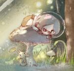  1girl ;o alien b_spa_gyoreva backpack bad_id bad_pixiv_id bag brittany_(pikmin) dappled_sunlight eyelashes glasses gloves grass leaf looking_at_another lying mushroom on_stomach one_eye_closed open_mouth pikmin_(creature) pikmin_(series) pink_bag pink_gloves pink_hair pink_skirt pointy_ears radio_antenna red-framed_eyewear shady_eyes short_hair sitting skirt space_helmet spacesuit sunlight third-party_source tiny tree triangular_eyewear yellow_pikmin 