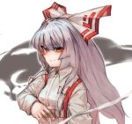  1girl bow cigarette closed_mouth commentary fujiwara_no_mokou grey_hair hair_bow highres holding holding_cigarette long_hair looking_at_viewer nio_(meple_nio) red_eyes sidelocks smile solo suspenders touhou upper_body white_background white_bow 