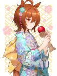  1girl agnes_tachyon_(umamusume) ahoge alternate_costume animal_ears brown_hair closed_mouth floral_print hair_between_eyes hair_ornament hands_up holding holding_toy horse_ears horse_girl horse_tail japanese_clothes kendama kimono long_sleeves red_eyes riko_(ri_cotta_c) short_hair smile solo tail toy umamusume upper_body 