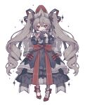  +_+ 1girl :&lt; animal_ears asymmetrical_legwear back_bow black_dress bow dress frilled_dress frills full_body grey_bow grey_hair hair_between_eyes high_heels long_dress long_hair looking_at_viewer object_hug original ozureiji rabbit_ears rabbit_girl raised_eyebrows red_eyes sidelocks simple_background single_sock socks solo sparkle stuffed_animal stuffed_toy teddy_bear twintails very_long_hair white_background 