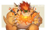  1boy armlet bowser breathing_fire character_name fire highres horns kinoshita_jiroh redhead simple_background solo spiked_armlet super_mario_bros. 