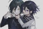  2boys ? ahoge black_hair black_jacket checkered_clothes checkered_scarf danganronpa_(series) danganronpa_v3:_killing_harmony grey_background hair_between_eyes hand_on_another&#039;s_chin highres jacket long_sleeves male_focus multicolored_hair multiple_boys oma_kokichi open_mouth parted_lips purple_hair saihara_shuichi scarf simple_background straitjacket striped striped_jacket sweat upper_body violet_eyes yellow_eyes zaso 