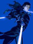  1boy black_bodysuit black_hair blue_background blue_eyes bodysuit cowboy_shot energy_sword fate/grand_order fate_(series) highres holding holding_lightsaber holding_sword holding_weapon lightsaber long_hair looking_at_viewer male_focus nikola_tesla_(fate) simple_background solo star_wars sword viscontiapclyps weapon 