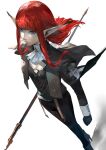 1girl ascot black_gloves black_pants blazpu blue_eyes breasts character_request elf floating_hair gloves high_heels highres holding holding_polearm holding_weapon lips long_hair long_sleeves pants pink_lips pointy_ears polearm project_re_fantasy redhead shadow simple_background small_breasts solo weapon white_ascot white_background 