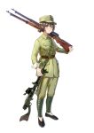 1girl absurdres belt black_footwear blush breasts brown_belt brown_hair chinese_commentary closed_mouth collared_jacket flats full_body green_headwear green_jacket green_pants gun highres holding holding_gun holding_weapon jacket long_sleeves looking_at_viewer low_ponytail military military_jacket military_uniform national_revolutionary_army original over_shoulder pants puttee short_hair short_ponytail simple_background small_breasts smile solo tuziki_sang type_11_light_machine_gun type_38_rifle uniform weapon weapon_over_shoulder white_background yellow_eyes