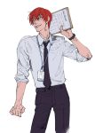  1boy black_necktie black_pants clipboard cowboy_shot highres hisoka_morow hong_3740 hunter_x_hunter looking_to_the_side male_focus name_tag necktie pants redhead short_hair simple_background sleeves_rolled_up solo watch watch white_background yellow_eyes 