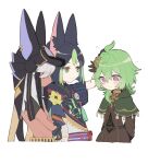  1girl 2boys =3 animal_ears animal_hands arms_behind_back black_hair black_headwear blush capelet closed_mouth collei_(genshin_impact) cropped_legs crossed_arms cyno_(genshin_impact) dark-skinned_male dark_skin flower fox_boy fox_ears genshin_impact green_capelet green_eyes green_hair hair_ornament highres k90108119 long_hair multicolored_hair multiple_boys red_eyes simple_background tighnari_(genshin_impact) violet_eyes white_background white_hair yellow_flower 