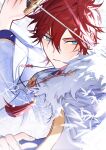  1boy absurdres aleo amagi_rinne artist_name blue_eyes character_name commentary_request dated earrings ensemble_stars! fingernails fur_trim hair_between_eyes highres holding holding_sword holding_weapon hoop_earrings jewelry long_sleeves parted_lips redhead short_hair sideways_glance solo sword upper_body weapon 