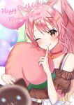 1girl animal_ears balloon bell belt blurry blurry_background blush brown_eyes cat cat_ears cat_girl choker grin hair_ornament hairclip happy_birthday highres holding holding_stuffed_toy index_finger_raised indie_virtual_youtuber long_hair looking_at_viewer momoshiki_(vtuber) neck_bell off-shoulder_shirt off_shoulder one_eye_closed pink_hair pom_pom_(clothes) pom_pom_hair_ornament ponytail sakunagita shirt smile solo stuffed_peach stuffed_toy very_long_hair virtual_youtuber 