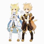  1boy 1girl aether_(genshin_impact) ahoge animal_ear_fluff animal_ears arm_armor artist_name baggy_pants bare_shoulders black_footwear blonde_hair boots braid breasts brother_and_sister brown_eyes brown_gloves brown_pants brown_shirt cat_ears cat_tail closed_mouth crossed_arms detached_sleeves dress feather_hair_ornament feathers flower full_body genshin_impact gloves hair_between_eyes hair_flower hair_ornament hands_on_own_hips long_hair long_sleeves looking_to_the_side lumine_(genshin_impact) medium_breasts navel pants rowya scarf shirt short_hair short_hair_with_long_locks short_sleeves siblings sidelocks simple_background standing star_(symbol) tail v-shaped_eyebrows white_background white_dress white_flower white_footwear white_scarf 