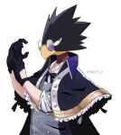  1boy alternate_costume animal_head beak bird_boy black_gloves boku_no_hero_academia commentary_request glasses gloves grey_vest highres looking_at_viewer male_focus nbmtyr purple-tinted_eyewear red_eyes round_eyewear simple_background solo tinted_eyewear tokoyami_fumikage twitter_username upper_body vest white_background yellow-framed_eyewear 