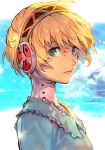  1girl aegis_(persona) blonde_hair blue_dress blue_eyes day dress from_side hankuri headphones lips looking_at_viewer outdoors persona persona_3 portrait profile short_hair sky solo 