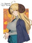  1girl ahoge anila_(granblue_fantasy) blonde_hair breasts commission draph eyebrows_hidden_by_hair formal granblue_fantasy horns jewelry large_breasts masato_(mirai_koubou) nail_polish sheep_horns skeb_commission solo suit sweater thick_eyebrows yellow_eyes 