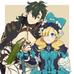  1boy 1girl armor blonde_hair blue_eyes book closed_mouth fire_emblem fire_emblem_engage frills green_hair guttary hair_between_eyes hair_over_one_eye hat hat_ribbon holding holding_book looking_at_another madeline_(fire_emblem) red_eyes ribbon short_hair shoulder_armor wavy_hair 