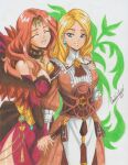 2girls absurdres alternate_universe blonde_hair breasts cleavage_cutout clothing_cutout cornelia_arnim fire_emblem fire_emblem:_three_houses fire_emblem_heroes fire_emblem_warriors:_three_hopes hand_on_own_chest highres holding_hands jewelry key_necklace large_breasts long_hair mature_female mercedes_von_martritz multiple_girls necklace official_alternate_costume official_alternate_hairstyle orange_hair ravernclouk revealing_clothes yuri 
