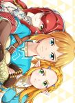 1boy 2girls absurdres blonde_hair blue_eyes braid colored_skin crown_braid fish_girl green_eyes hair_ornament hairclip hetero highres holding_another&#039;s_arm jealous jealousy jewelry light_brown_hair link long_hair love_triangle mipha mizunocarbona multiple_girls pointy_ears pout princess_zelda red_skin short_hair sideways the_legend_of_zelda the_legend_of_zelda:_breath_of_the_wild yellow_eyes zora