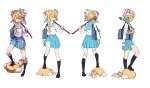  1girl ;p absurdres acfun acfun_girl bag bag_charm black_socks blonde_hair blue_bag blue_ribbon blue_sailor_collar blue_skirt brown_footwear bun_cover charm_(object) crowbar double_bun foot_on_head full_body hair_between_eyes hair_bun hair_ribbon hand_up highres holding_crowbar kneehighs loafers long_sleeves looking_at_viewer miniskirt monkey multiple_views neckerchief official_art one_eye_closed over_shoulder pleated_skirt reference_sheet ribbon sailor_collar school_bag school_uniform serafuku shoes short_hair shoulder_bag sketch skirt socks stepped_on tongue tongue_out turnaround weapon weapon_over_shoulder white_background white_serafuku yellow_eyes yellow_neckerchief 