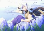  1boy absurdres akaie11 black_jacket blue_eyes blue_flower blue_hair chain clouds day falling_petals feet_out_of_frame flower grape_hyacinth hair_between_eyes hajimari_no_kioku hakama hand_up highres horns hyacinth jacket jacket_on_shoulders japanese_clothes knees_up light_blue_hair long_hair looking_up male_focus pectoral_cleavage pectorals petals purple_flower purple_hakama rope shimenawa short_sleeves shrug_(clothing) sitting sleeveless sleeveless_jacket smile solo stridon sunlight white_jacket wind wristband 