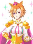  1girl animal_ears breasts closed_mouth corset crown ear_piercing hand_on_own_hip horse_ears jewelry juliet_sleeves long_sleeves looking_at_viewer mini_crown multiple_rings orange_hair piercing puffy_sleeves riko_(ri_cotta_c) ring shirt short_hair simple_background small_breasts smile solo sparkle t.m._opera_o_(umamusume) umamusume upper_body violet_eyes white_background white_shirt 