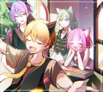  2boys 2girls aa_subarashiki_nyansei_(vocaloid) animal_ears aqua_hair bell black_vest blonde_hair blunt_bangs blush bob_cut brown_shirt closed_eyes closed_mouth collar commentary extra_ears fang green_hair hair_between_eyes hands_on_own_face highres kamishiro_rui kusanagi_nene lapels long_hair looking_at_another momomo_(m0_3) multicolored_hair multiple_boys multiple_girls neck_bell necktie ootori_emu open_mouth open_window outstretched_arms pink_hair project_sekai purple_hair shirt short_hair sideways_glance sleeveless streaked_hair tenma_tsukasa upper_body vest violet_eyes window wonderlands_x_showtime_(project_sekai) yellow_eyes yellow_necktie 