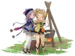  2girls :d absurdres artist_name basket bead_necklace beads bell boots bow-shaped_hair brown_hair campfire closed_eyes coin_purse commentary_request cooking_pot dated flower full_body genshin_impact grass grey_hair hair_bell hair_ornament hat highres holding holding_plate jewelry jiangshi_costume koebushi_(mat) long_hair long_sleeves looking_at_viewer lotus multiple_girls necklace plate pom_pom_(clothes) qing_guanmao qiqi_(genshin_impact) shorts simple_background skindentation smile standing thigh-highs violet_eyes white_background white_thighhighs yaoyao_(genshin_impact) 