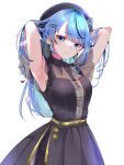  1girl armpits beret blue_eyes blue_hair casual closed_mouth dress flower hair_flower hair_ornament hairclip hat highres hololive hoshimachi_suisei hoshimachi_suisei_(6th_costume) long_hair looking_at_viewer official_alternate_hairstyle see-through simple_background solo star_(symbol) star_in_eye symbol_in_eye virtual_youtuber white_background yuanagae zipper 