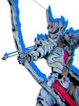  aiming armor arrow_(projectile) blue_armor blurry bow_(weapon) cowboy_shot gai_(garo) garo:the_one_who_shines_in_the_darkness garo_(series) glaring holding holding_weapon horns jewelry red_eyes shoulder_armor simple_background solo tokusatsu weapon white_background xjvm8335 