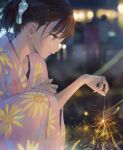  1girl absurdres bow brown_hair copyright_request fireworks floral_print hair_bow hair_ornament highres holding holding_fireworks japanese_clothes kimono kneeling medium_hair ponytail profile solo sparkler sparks yoshizuki_kumichi yukata 